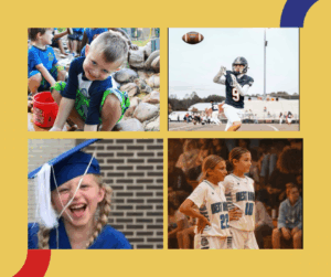 boy near rocks, boy playing football, girl in blue cap and gown, girls in basketball uniforms