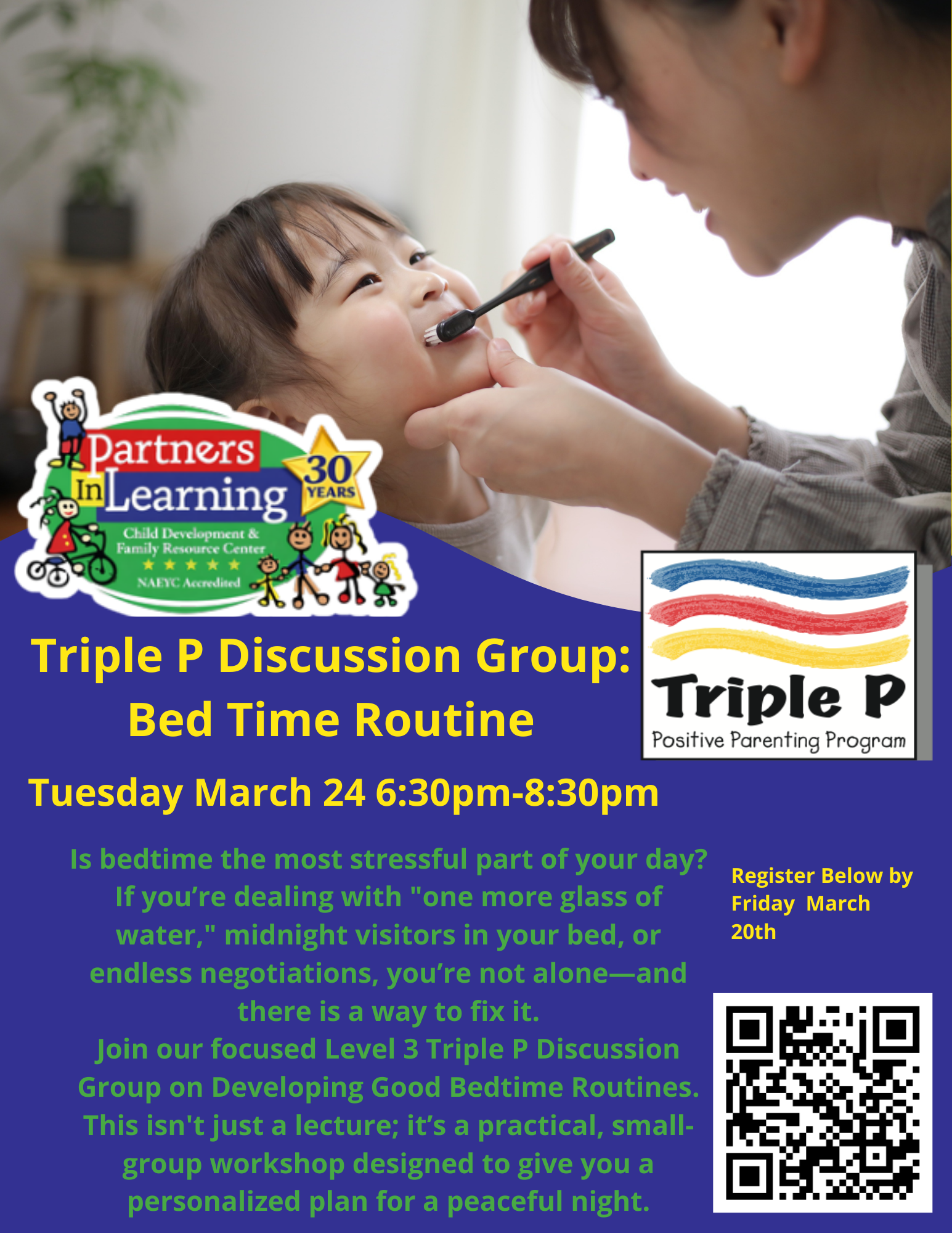 Flyer - Triple P Discussion Group:<br />
Bed Time Routine<br />
Tuesday March 24 6:30pm-8:30pm