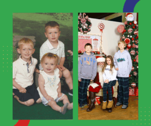 two brothers and a sister as small children and as older children, near Santa and a Christmas tree