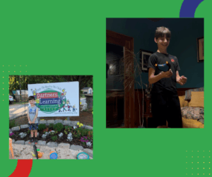 image of boy in front of childcare sign and him as he is older