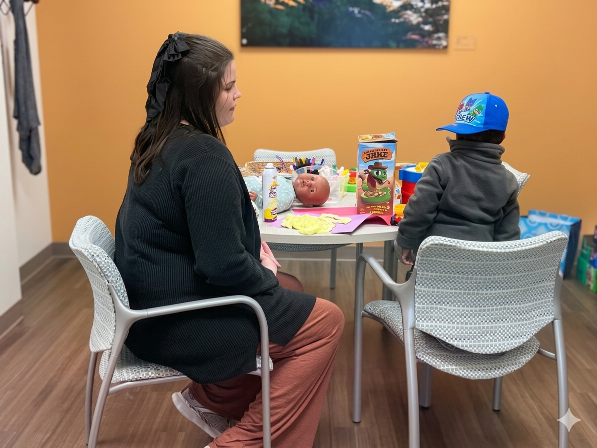 Counselor at a table with a child