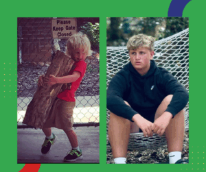 image of boy holding a stump and teen boy on a swing